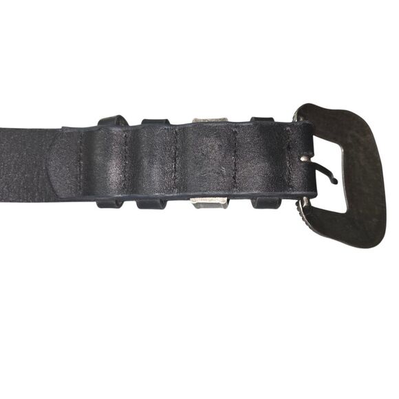 Black Leather Western Belt with Silver Rhinstone Embellished Buckle Size Large
